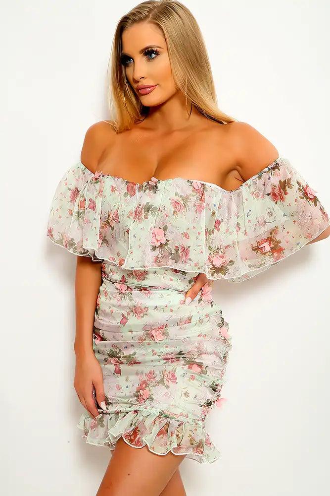 Mint Floral Print Ruched Dress - AMIClubwear