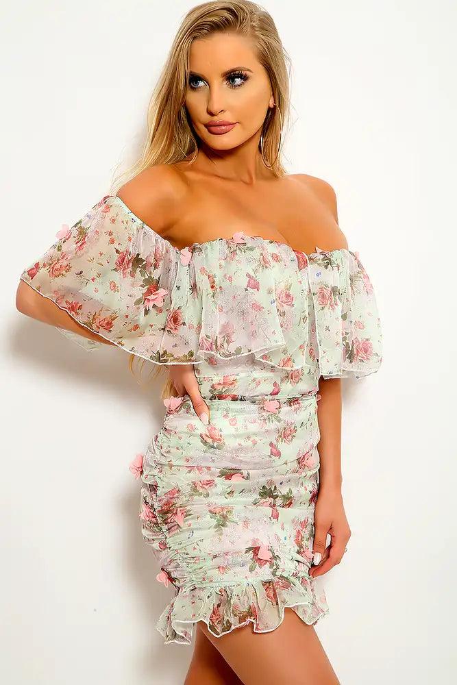 Mint Floral Print Ruched Dress - AMIClubwear