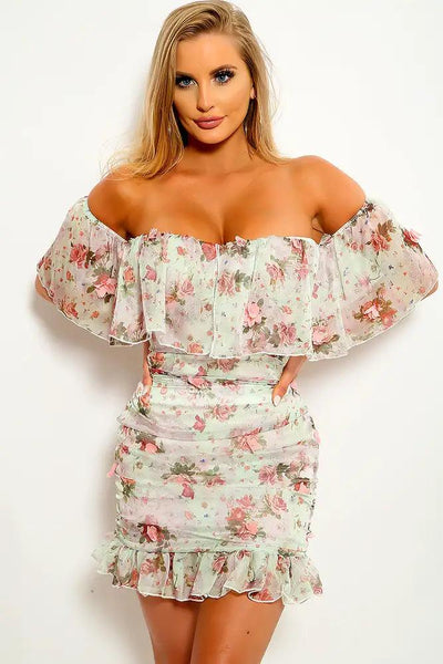 Mint Floral Print Ruched Dress - AMIClubwear