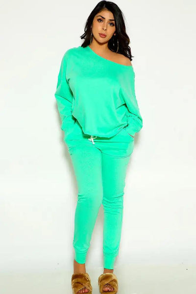 Mint Long Sleeve Off The Shoulder Two Piece Lounge Wear Outfit - AMIClubwear