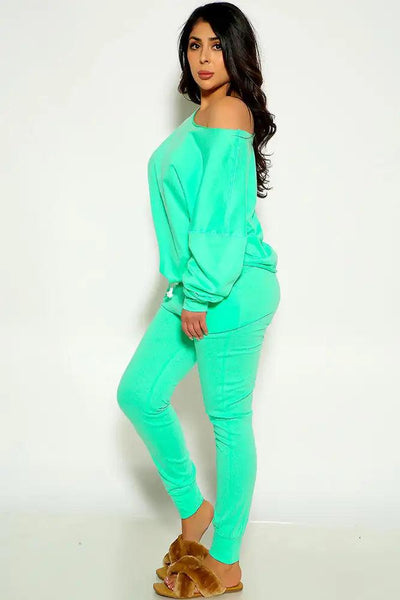 Mint Long Sleeve Off The Shoulder Two Piece Lounge Wear Outfit - AMIClubwear