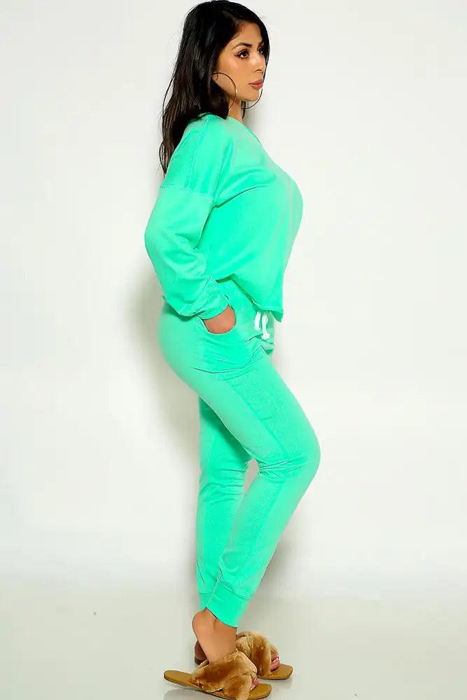 Mint Long Sleeve Off The Shoulder Two Piece Lounge Wear Outfit - AMIClubwear