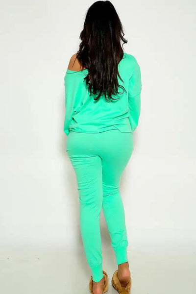 Mint Long Sleeve Off The Shoulder Two Piece Lounge Wear Outfit - AMIClubwear