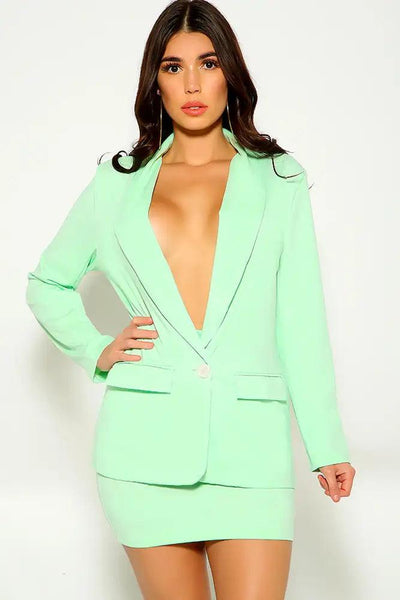 Mint Long Sleeve Plunging Neckline Two Piece Outfit - AMIClubwear