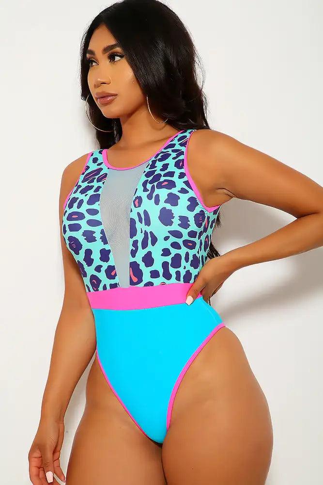 Mint Neon Fuchsia Leopard Print One Piece Swimsuit - AMIClubwear