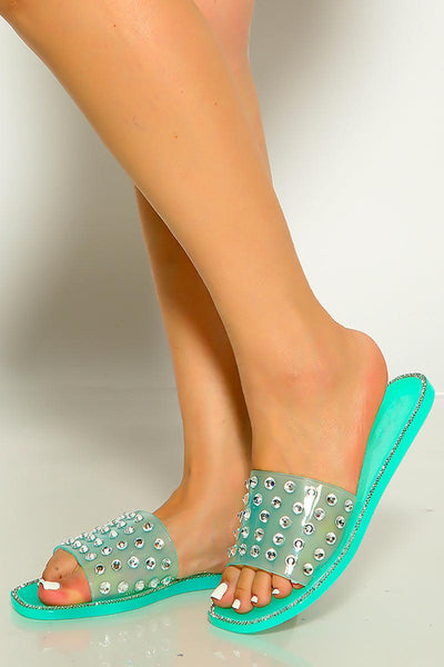 Mint Rhinestone Accent Slip On Sandals - AMIClubwear