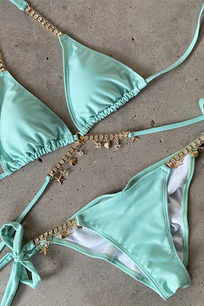 Mint Rhinestone Accent Two Piece Sexy Swimsuit - AMIClubwear