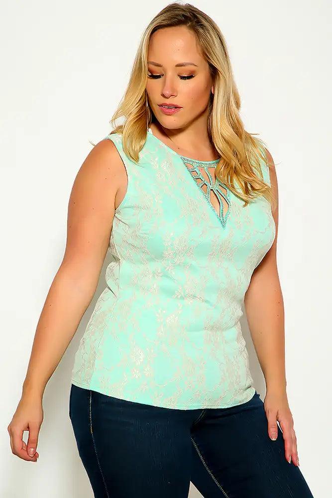 Mint Sleeveless Embroidered Two Tone Plus Size Top - AMIClubwear