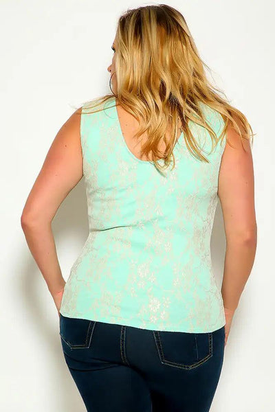 Mint Sleeveless Embroidered Two Tone Plus Size Top - AMIClubwear