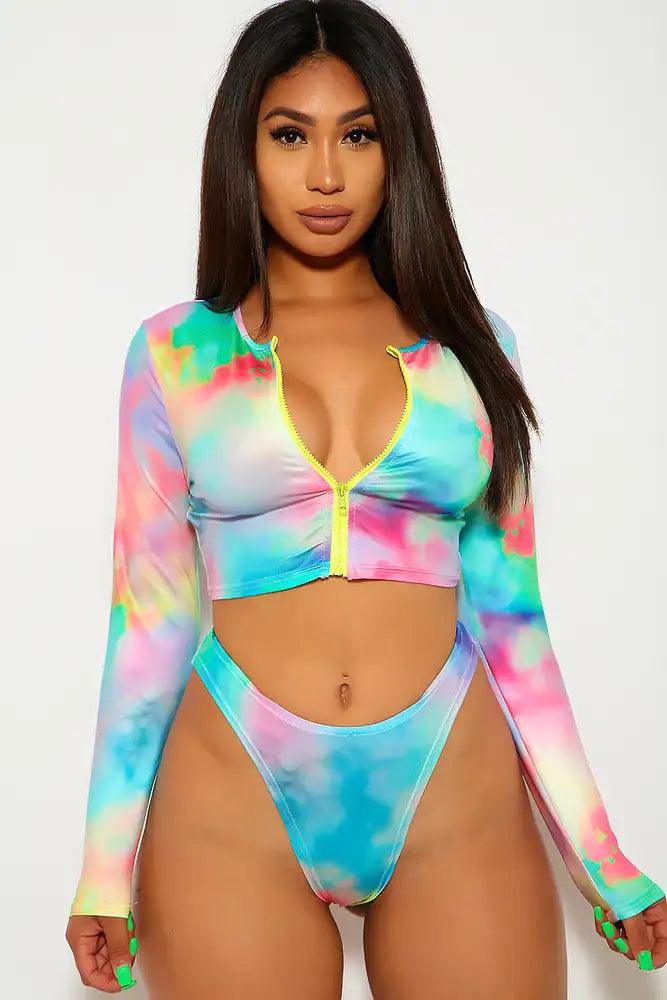 Mint Yellow High Waist Long Sleeves Two Piece Swimsuit - AMIClubwear
