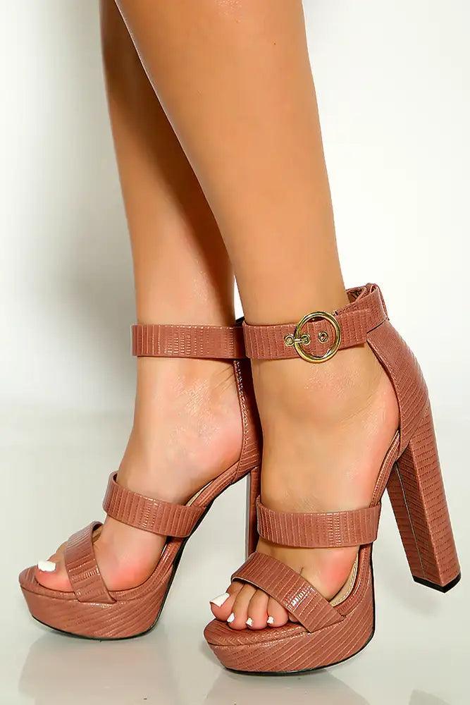 Mocha Lizard Open Toe Ankle Strap Platform High Heels - AMIClubwear