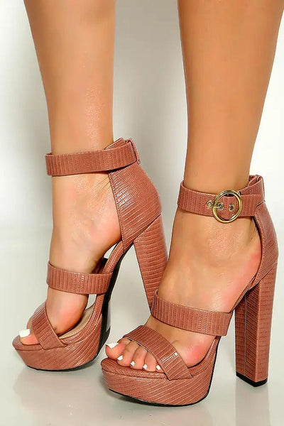 Mocha Lizard Open Toe Ankle Strap Platform High Heels - AMIClubwear