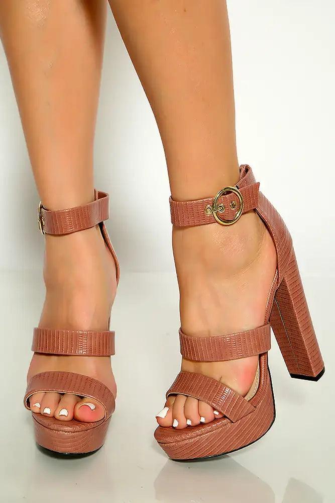 Mocha Lizard Open Toe Ankle Strap Platform High Heels - AMIClubwear