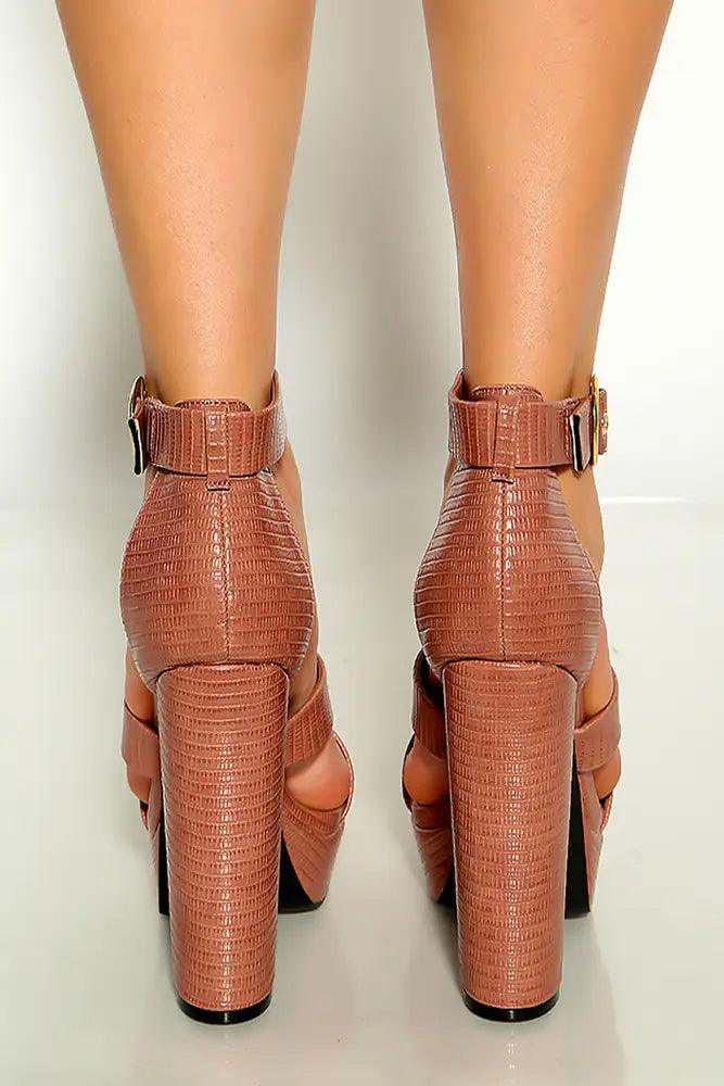 Mocha Lizard Open Toe Ankle Strap Platform High Heels - AMIClubwear