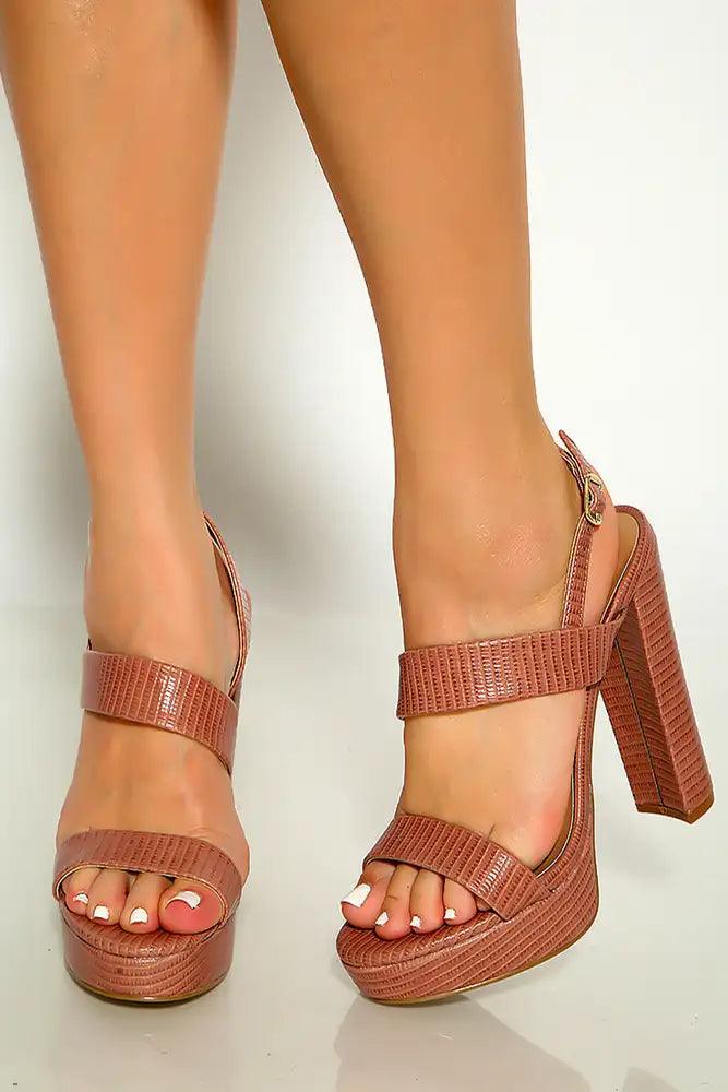 Mocha Lizard Print Strappy Sling Back Platform High Heels - AMIClubwear