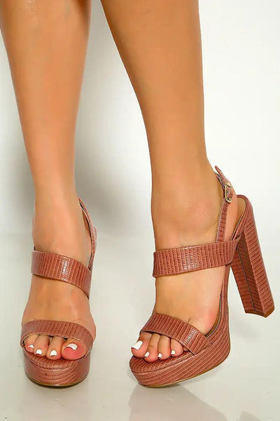 Mocha Lizard Print Strappy Sling Back Platform High Heels - AMIClubwear