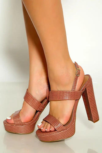 Mocha Lizard Print Strappy Sling Back Platform High Heels - AMIClubwear