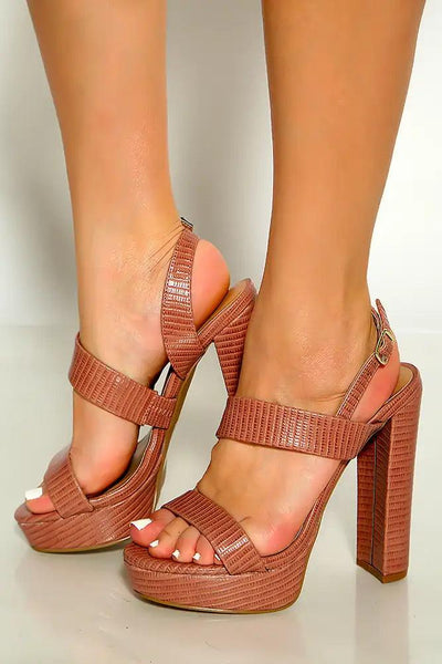 Mocha Lizard Print Strappy Sling Back Platform High Heels - AMIClubwear