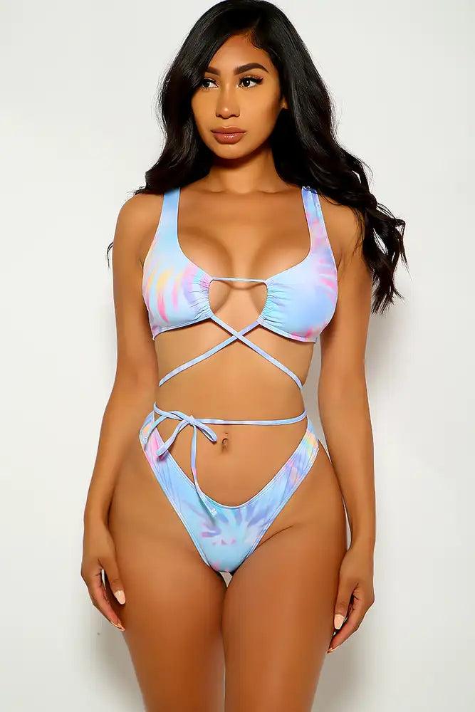 Multi Baby Blue Tie Dye Print Two Piece Swimsuit - AMIClubwear