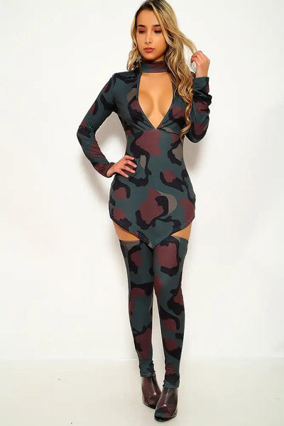 Multi Camouflage Print Long Sleeve Two Piece Dress - AMIClubwear