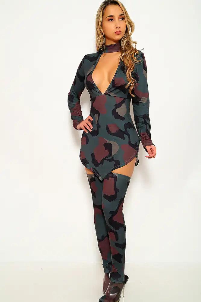 Multi Camouflage Print Long Sleeve Two Piece Dress - AMIClubwear