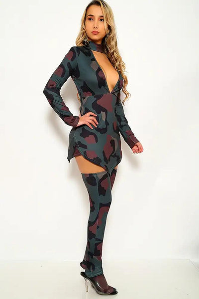 Multi Camouflage Print Long Sleeve Two Piece Dress - AMIClubwear