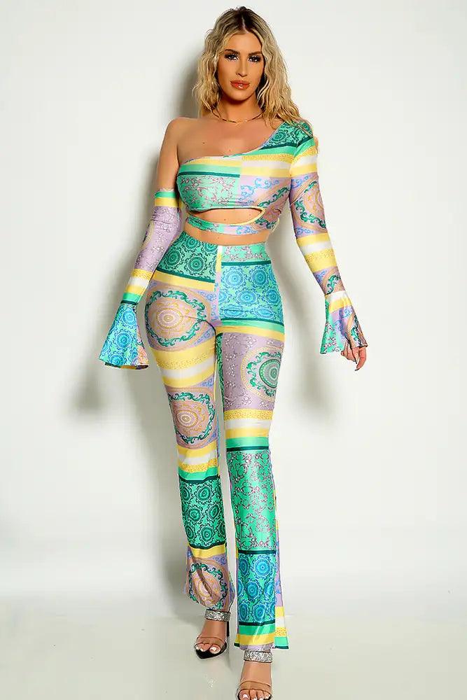 Multi Cold Shoulder Long Sleeve Cut Out Graphic Print Two Piece Outfit - AMIClubwear