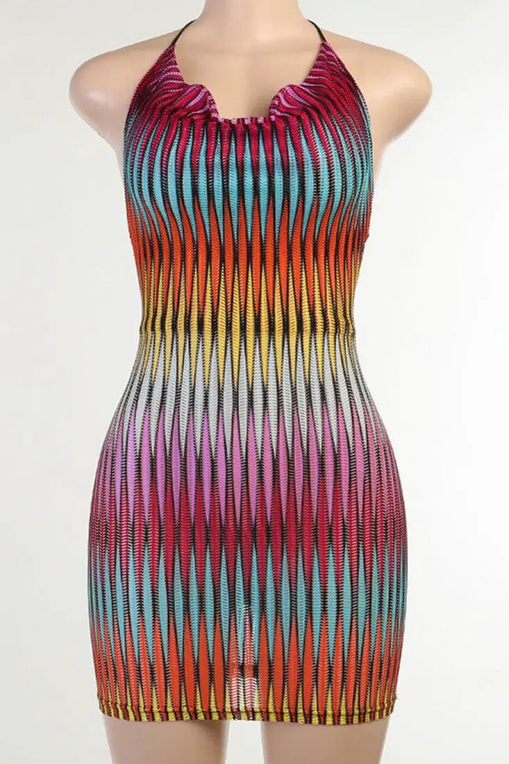 Multi Color Sleeveless Halter Mesh Backless Dress