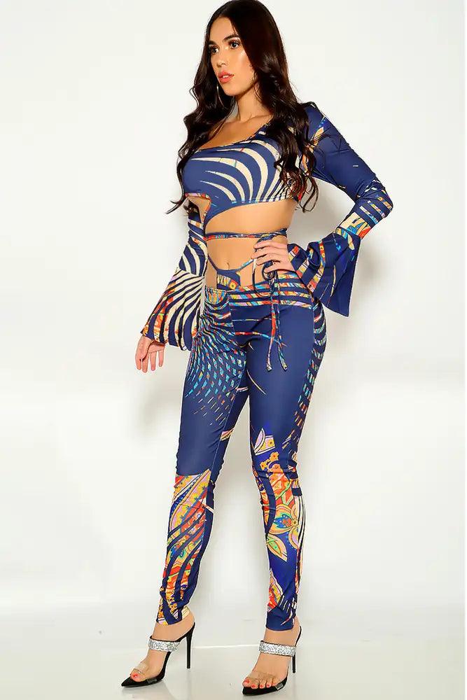 Multi Colored Bell Sleeve Cut Out Two Piece Outfit - AMIClubwear