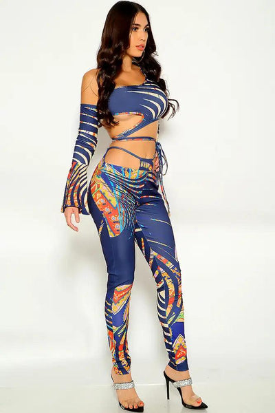 Multi Colored Bell Sleeve Cut Out Two Piece Outfit - AMIClubwear