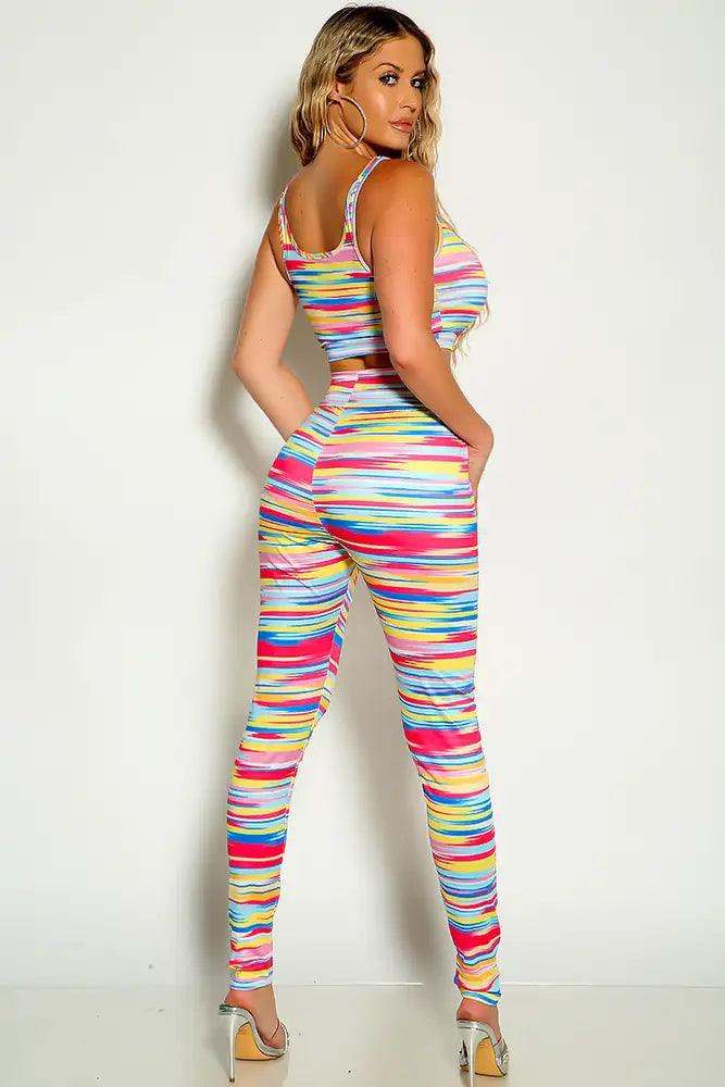 Multi Colored Sleeveless Cropped Striped Two Piece Outfit - AMIClubwear
