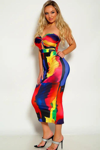 Multi Colored Strapless Two Tone  Knitted Detail Midi Dress - AMIClubwear