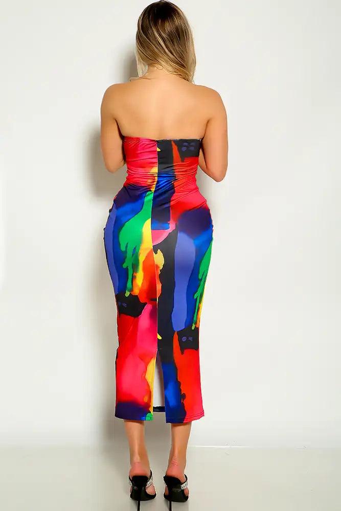 Multi Colored Strapless Two Tone  Knitted Detail Midi Dress - AMIClubwear
