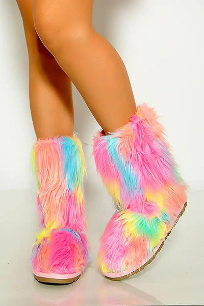 Multi Faux Fur Slip On Cozy Boots - AMIClubwear