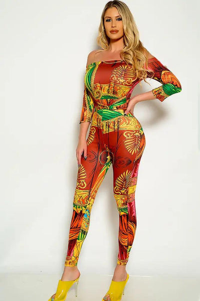 Multi Graphic Print Off The Shoulder Belted Jumpsuit - AMIClubwear