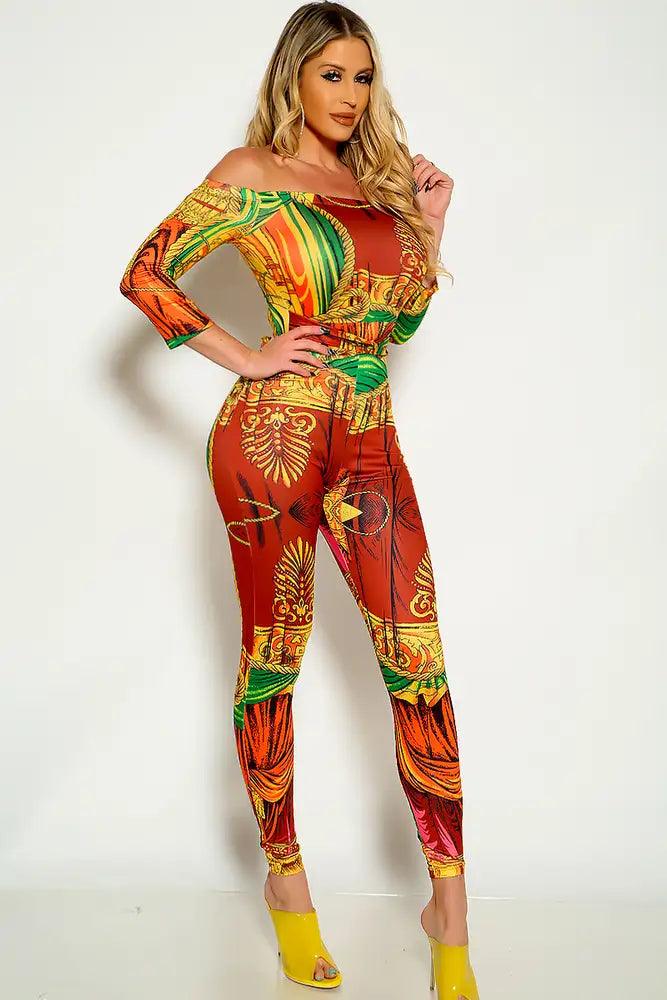 Multi Graphic Print Off The Shoulder Belted Jumpsuit - AMIClubwear
