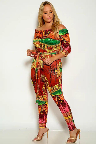 Multi Graphic Print Off The Shoulder Belted Plus Size Jumpsuit - AMIClubwear