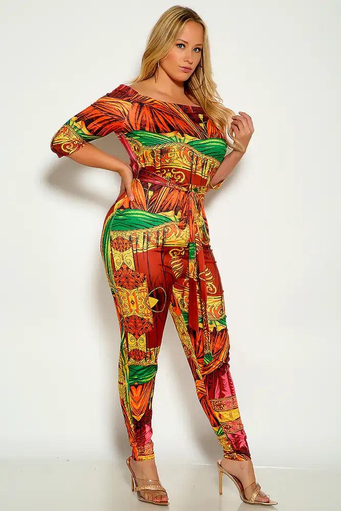 Multi Graphic Print Off The Shoulder Belted Plus Size Jumpsuit - AMIClubwear