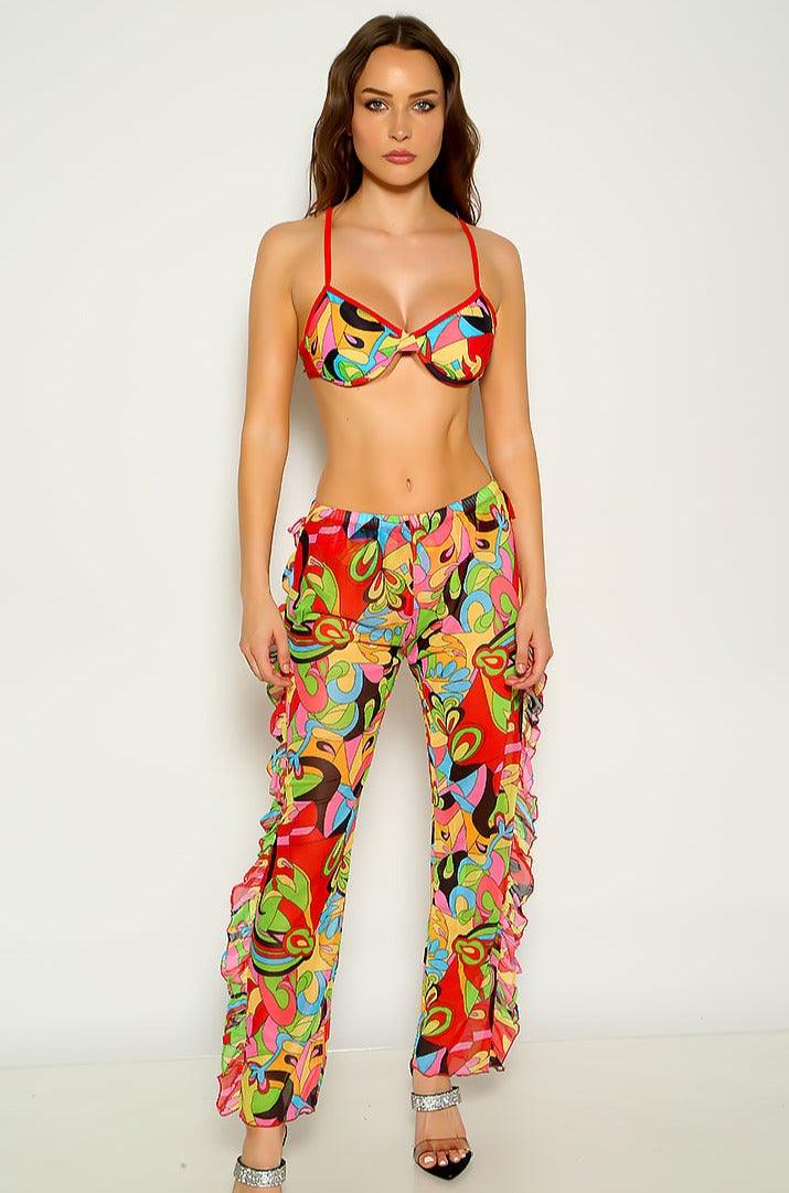 Multi Graphic Print Ruffled Sexy Three Piece Swimsuit - AMIClubwear