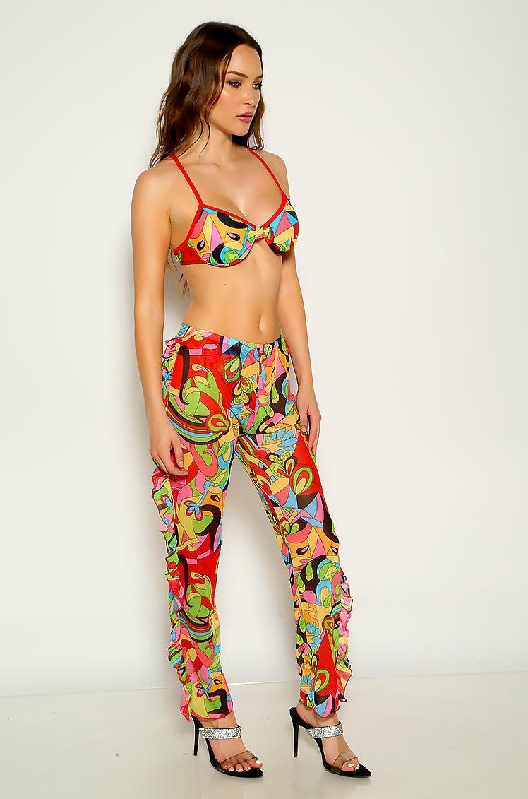 Multi Graphic Print Ruffled Sexy Three Piece Swimsuit - AMIClubwear