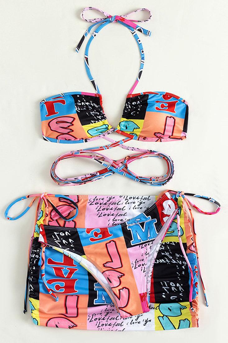 Multi Graphic Print Strappy Three Piece Swimsuit - AMIClubwear