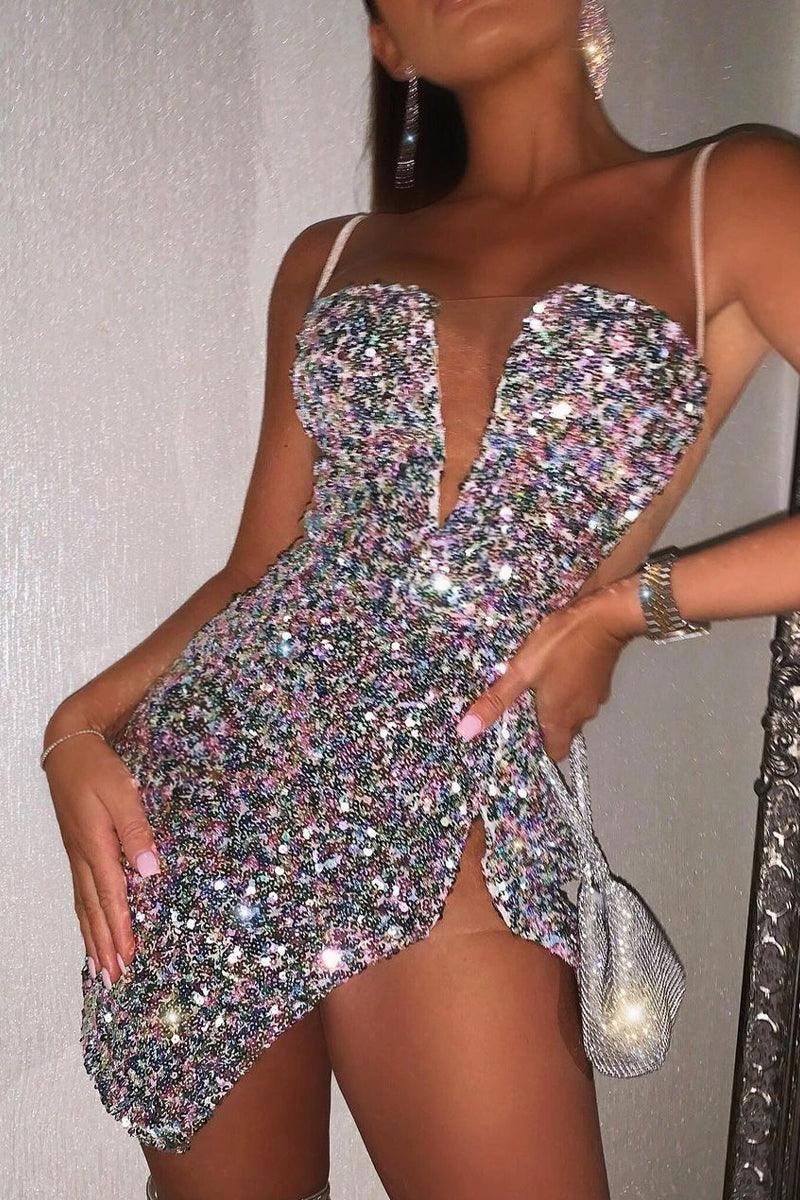 Multi Holographic Sleeveless Sequins Party Dress - AMIClubwear