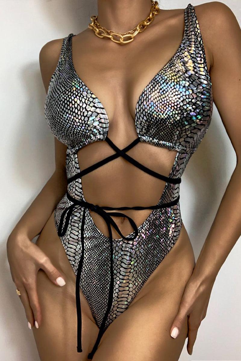 Multi Holographic Snake Print Strappy One Piece Swimsuit - AMIClubwear