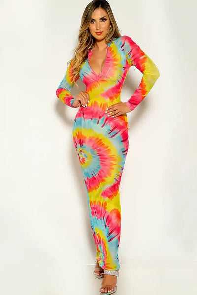 Multi Long Sleeve Mesh Maxi dress - AMIClubwear