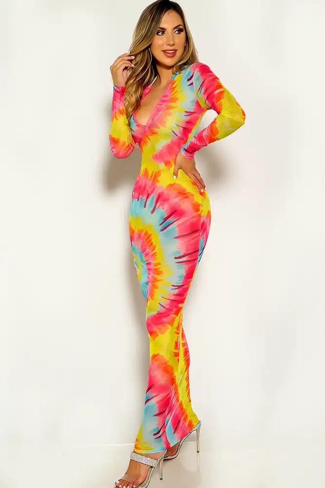 Multi Long Sleeve Mesh Maxi dress - AMIClubwear