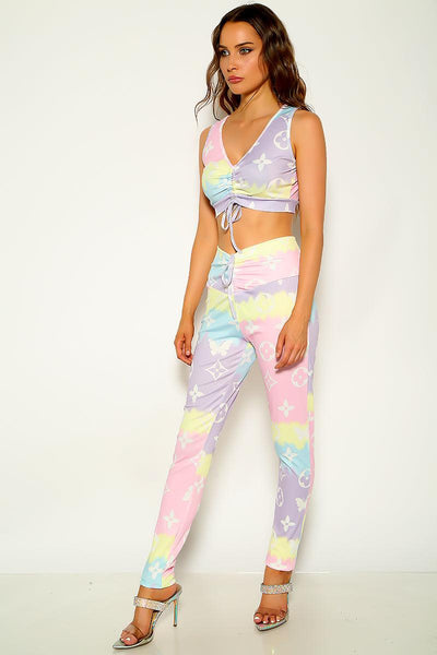 Multi Pastel Color Sexy Ruched Crop Top 2 Pc Set - AMIClubwear