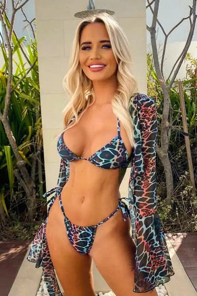 Multi Print Halter Long Sleeve Cover Up Three Piece Swimsuit - AMIClubwear