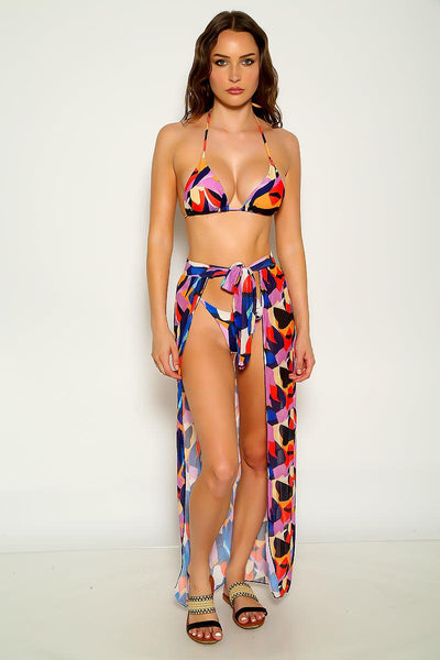 Multi Printed Halter Sexy Three Piece Swimsuit - AMIClubwear