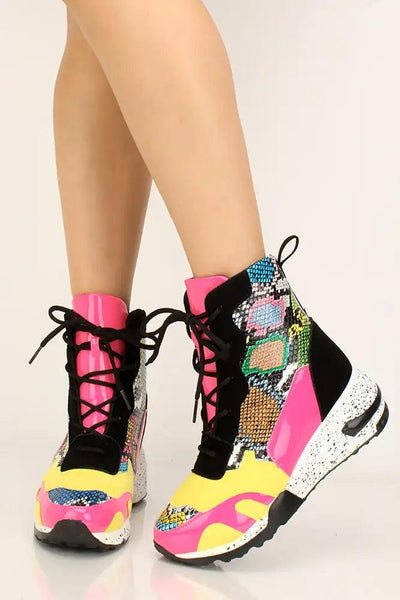 Multi Printed Lace Up High Top Sneaker Wedges - AMIClubwear