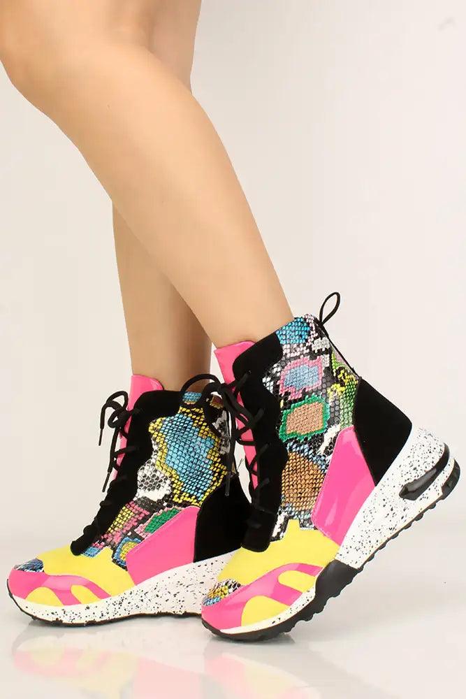 Multi Printed Lace Up High Top Sneaker Wedges - AMIClubwear